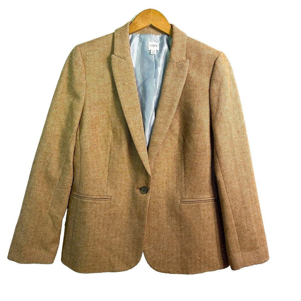 J Crew Herringbone Camel Tan Wool Blend Blazer Jacket 12 Preppy Academia Classic